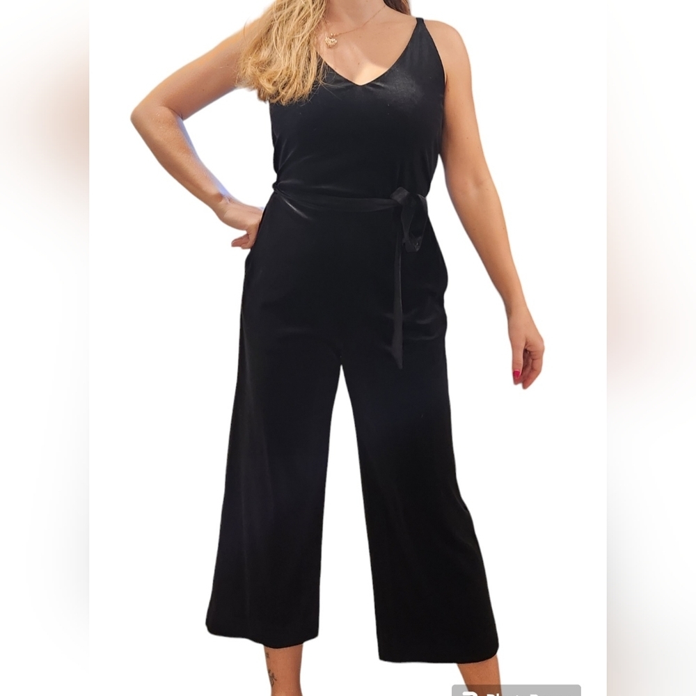Banana Republic Black Velour Velvet Jumpsuit Women's 4 Petite Pockets Tie Waist‎